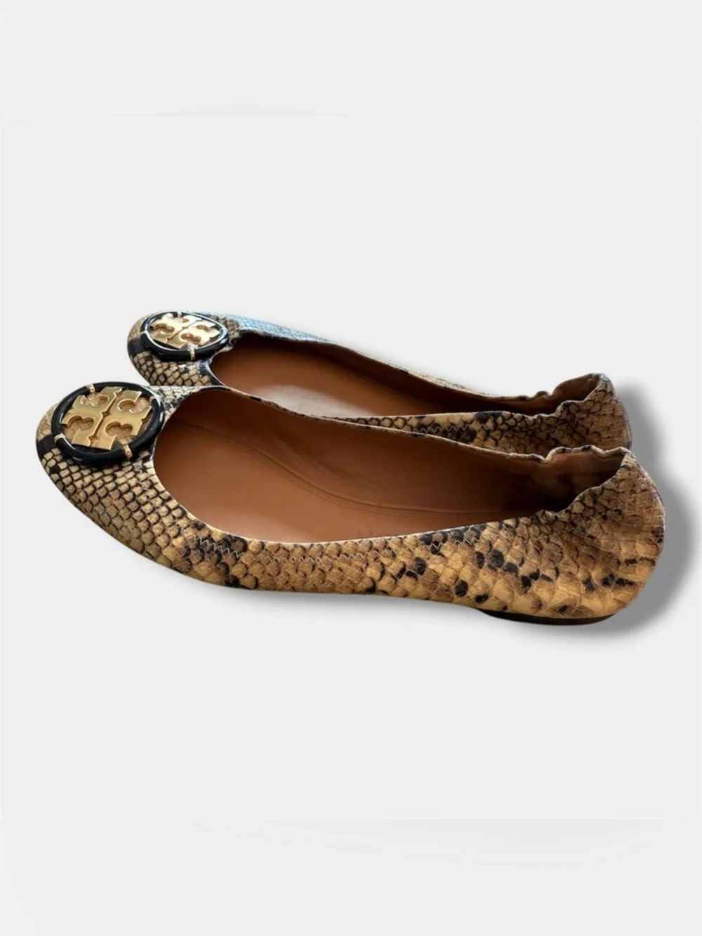 Tory Burch Snake Print Flats Gold Logo Medallion Ballet Shoes Women’s 10M